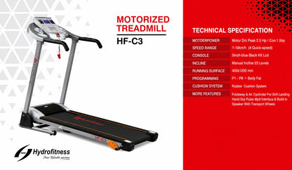 HF-C3 Motorized Treadmill for Home | 2.5HP Peak DC Motor, 1–10km/h Speed, Manual Incline, 5” LCD Display & Foldable Running Machine