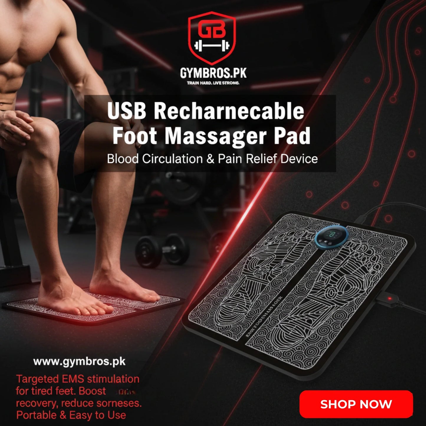 EMS Portable Foot Massager Mat USB Rechargeable with 6 Modes, 9 Intensity Levels, EMS Pulse Therapy, 15-Min Timer & 320×290mm Pad for Foot Pain Relief, Blood Circulation & Muscle Relaxation
