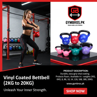 Vinyl Coated Cast Iron Kettlebell 2kg–20kg Solid Weight Training Kettle Bell with Wide Grip Handle, Flat Base & PVC Protective Coating for Full Body Strength, Cardio & Functional Home Gym Workout