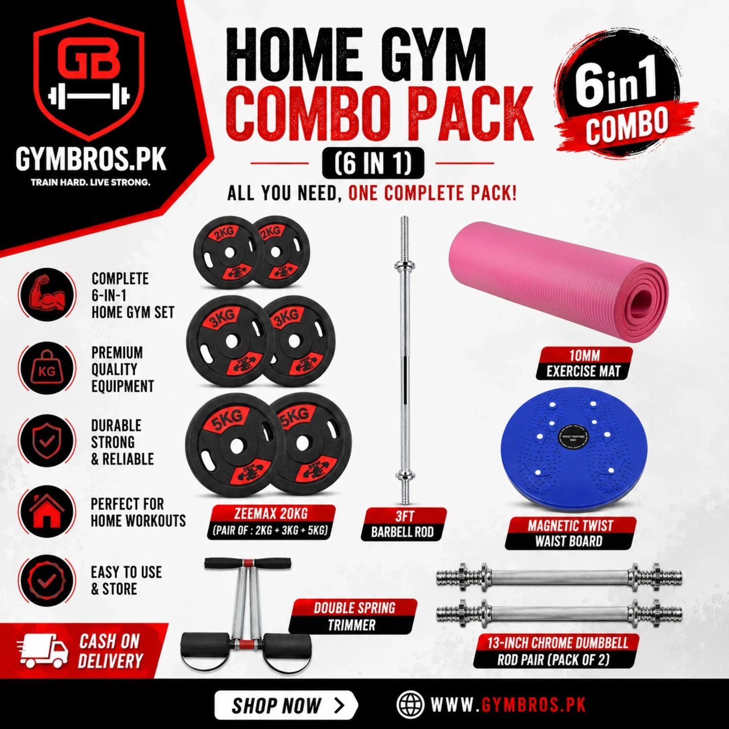 Home Gym Combo Pack 6 in 1 – 3ft Barbell Rod, ZEEMAX 20KG Weight Plates (2KG+3KG+5KG Pair), 13-Inch Chrome Dumbbell Rod Pair, 10mm Yoga Mat, Magnetic Twist Waist Board & Double Spring Tummy Trimmer | Complete Home Workout Set