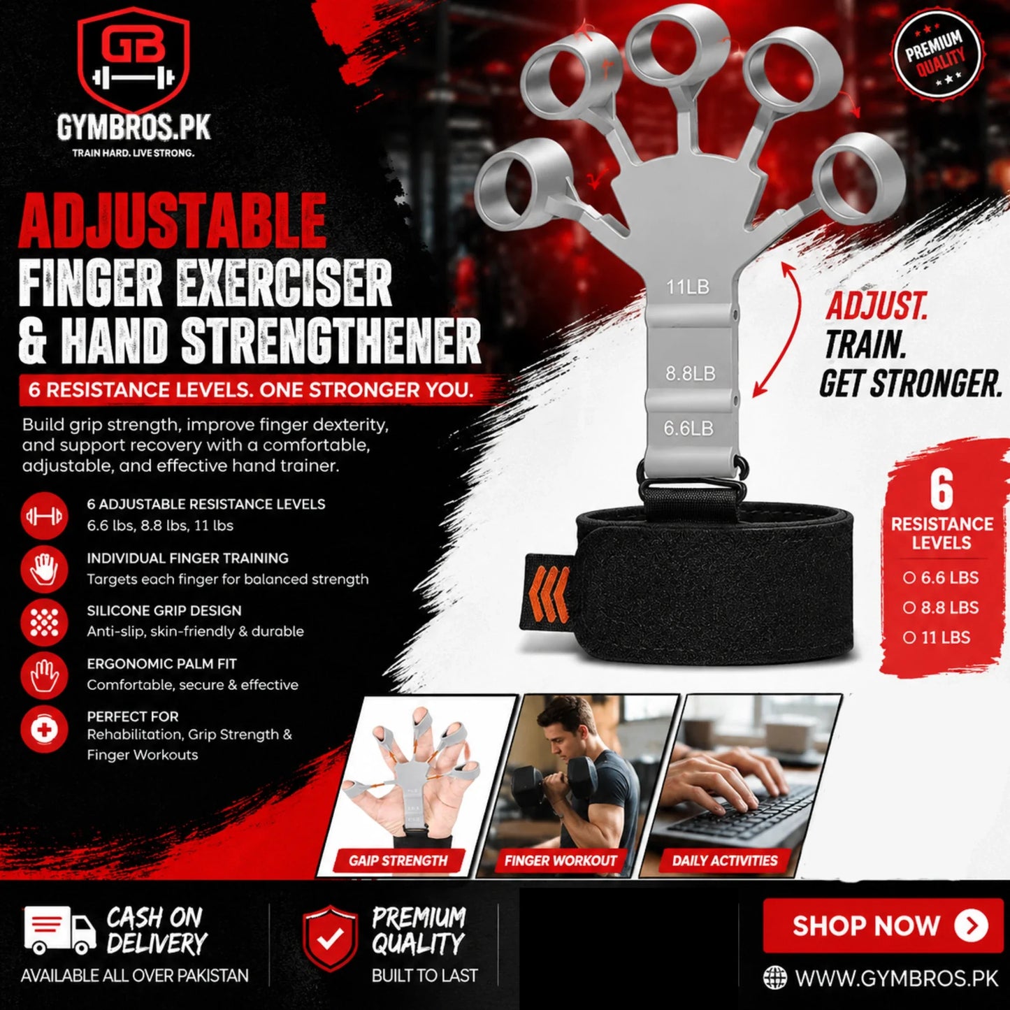 Adjustable Finger Exerciser & Hand Strengthener with 6 Resistance Levels, Individual Finger Training, Silicone Grip Design & Ergonomic Palm Fit for Grip Strength, Rehabilitation & Finger Workout
