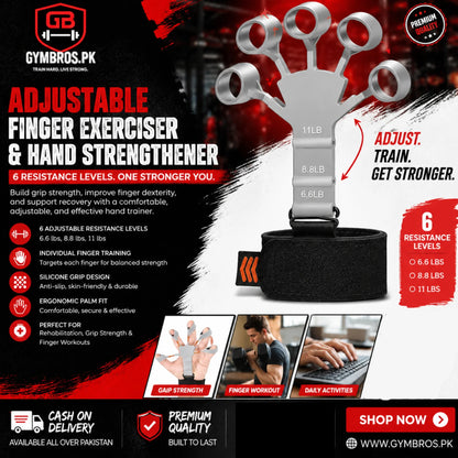 Adjustable Finger Exerciser & Hand Strengthener with 6 Resistance Levels, Individual Finger Training, Silicone Grip Design & Ergonomic Palm Fit for Grip Strength, Rehabilitation & Finger Workout