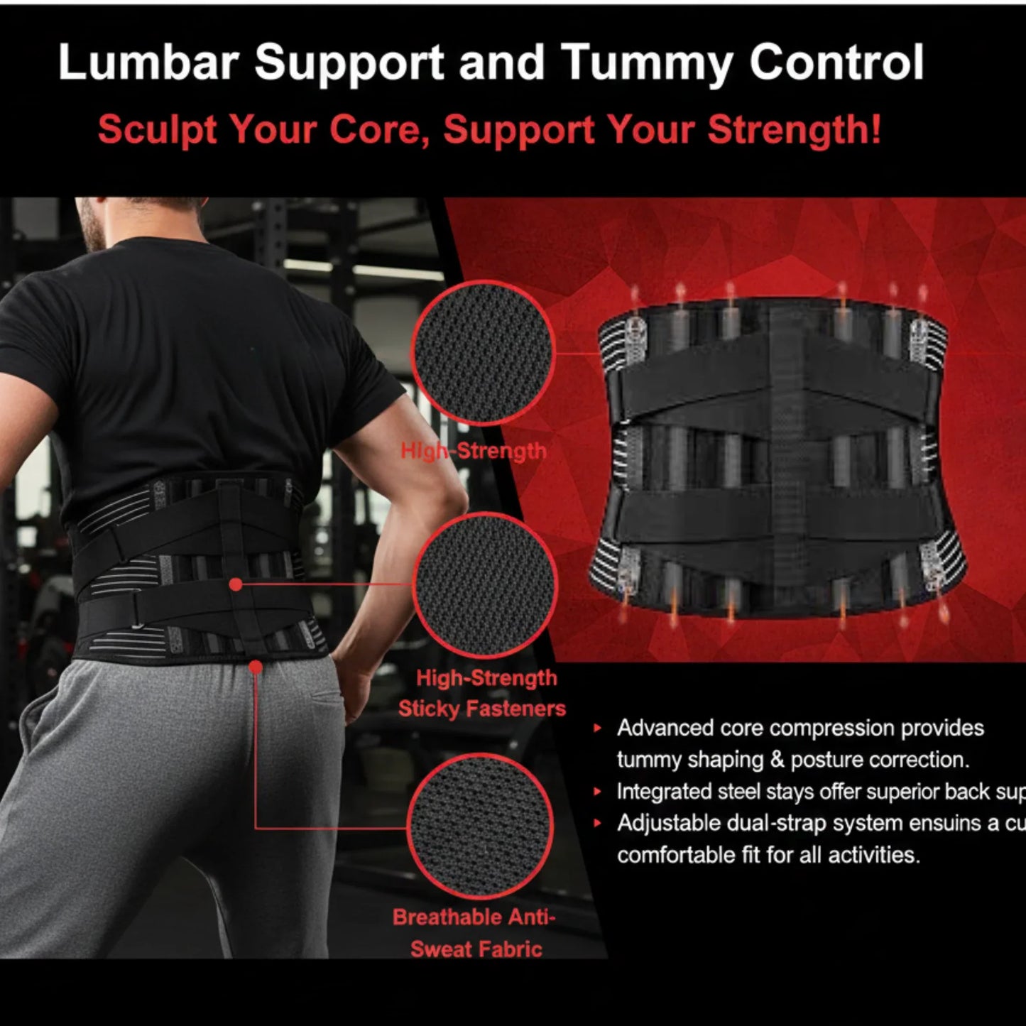 Lumbar Support Belt for Weightlifting & Back Pain Relief Adjustable Lower Back Brace | Material: Neoprene | S, M, L, XL Adjustable Back Support Belt for Weightlifting, Back Pain, Sciatic & Lumbar Spine Protection