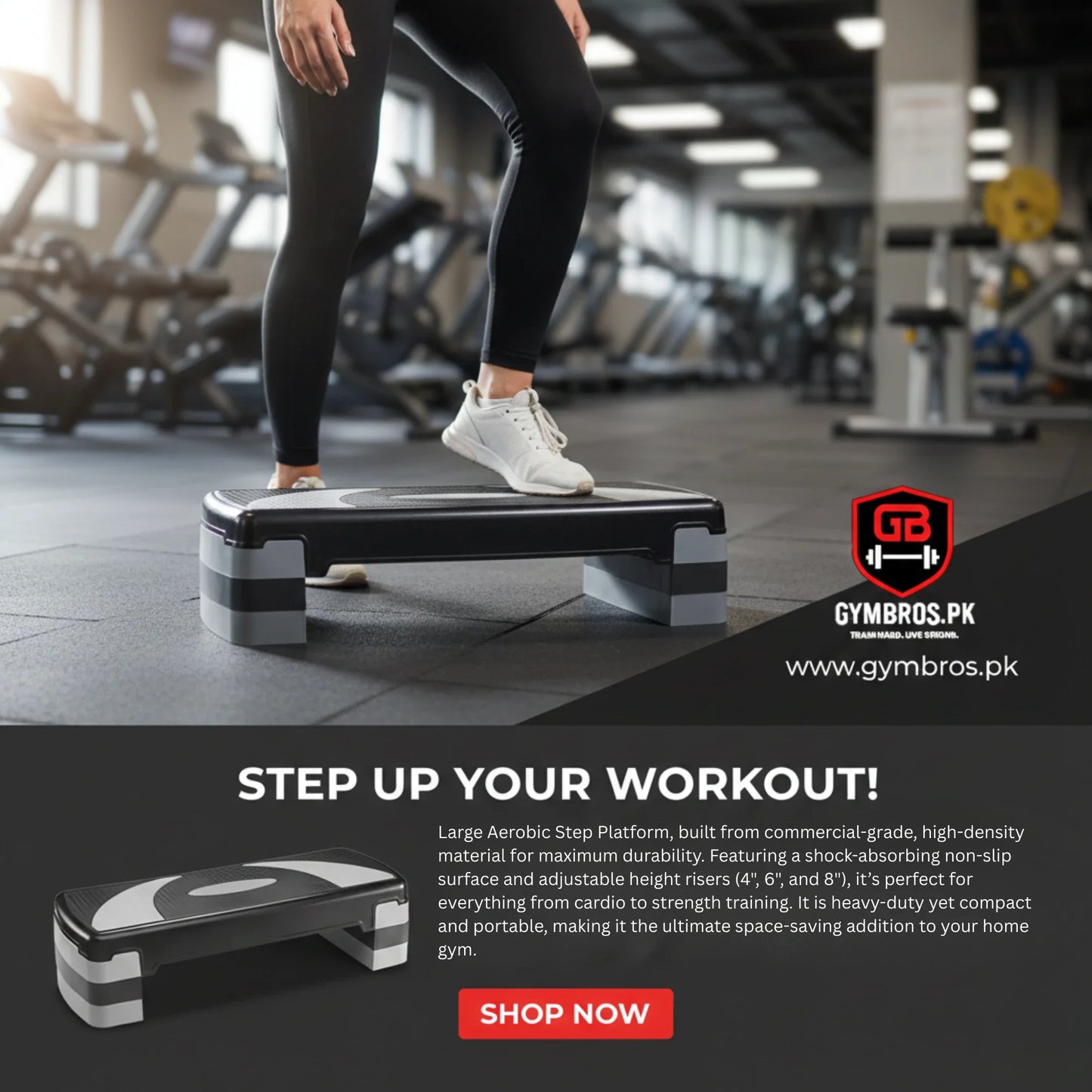 Aerobic Stepper Adjustable Fitness Step Platform with 4” 6” & 8” Height Levels, Non-Slip Surface, Rubber Feet & 100KG Weight Capacity for Cardio, Home Gym & Aerobic Workout