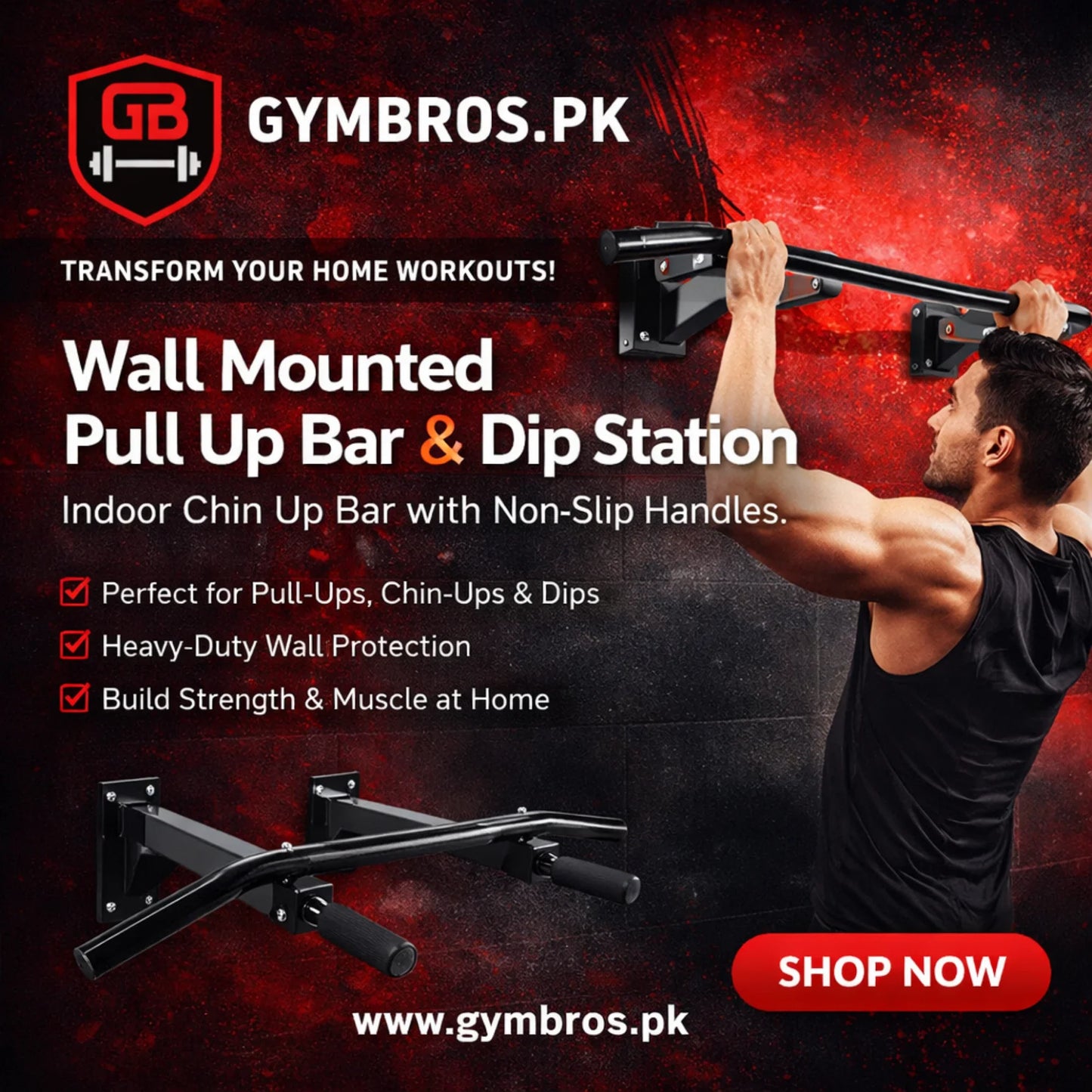Imported Wall Mounted Pull Up Bar with 3 Grip Positions, Heavy Duty Steel Construction & 300lbs Weight Capacity for Chin-Ups, Parallel Bar Dips & Total Body Workout Training