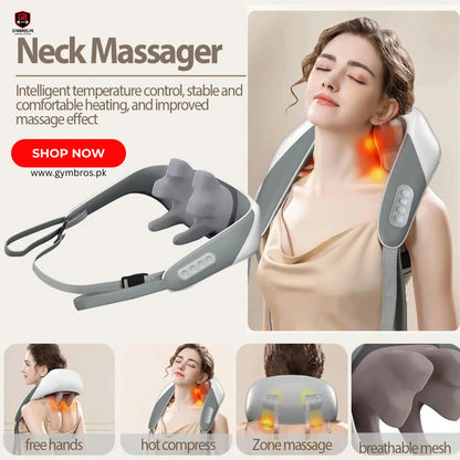 Rechargeable High Quality Neck Massager for Pain Relief with 6D Deep Tissue Kneading, Heat Function, 2 Massage Modes, 2 Intensity Levels, Wearable Electric Massager for Neck, Back, Shoulder, Waist & Legs
