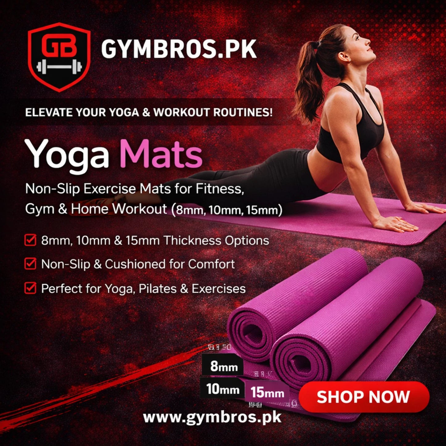 Yoga Mats (Super Quality China) Non-Slip Exercise Mat for Fitness, Gym & Home Workout – 8mm / 10mm / 15mm Thickness, Durable PVC Material, Comfortable Cushioning for Yoga, Pilates & Exercise Training