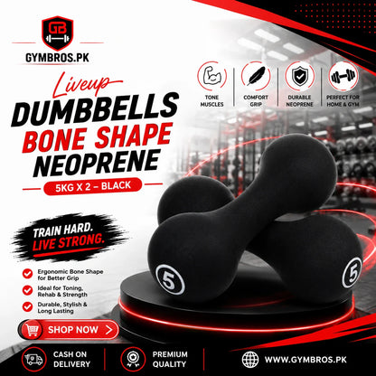 Liveup Bone Shape Neoprene Dumbbells Pair 0.5KG to 5KG Each | Steel Core Anti-Slip Hand Weights for Home Gym, Aerobics & Strength Training
