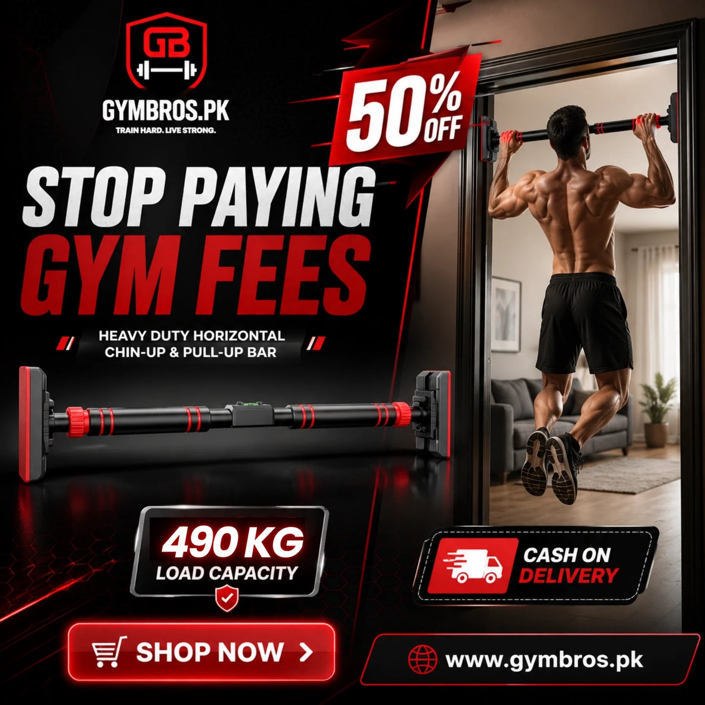 Heavy Duty Horizontal Chin-Up & Pull-Up Bar 94–129cm | 490KG Load Capacity, 3mm Stainless Steel Telescopic Doorway Workout Bar with Non-Slip Foam Grip & No-Drill Installation
