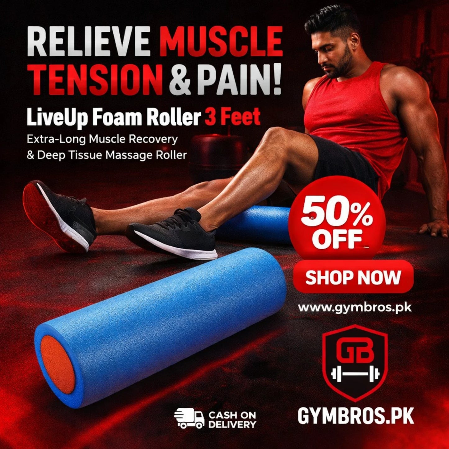 LiveUp Foam Roller LS3764 3 Feet | Extra-Long Yoga, Pilates & Deep Tissue Muscle Recovery Roller 90×15 CM