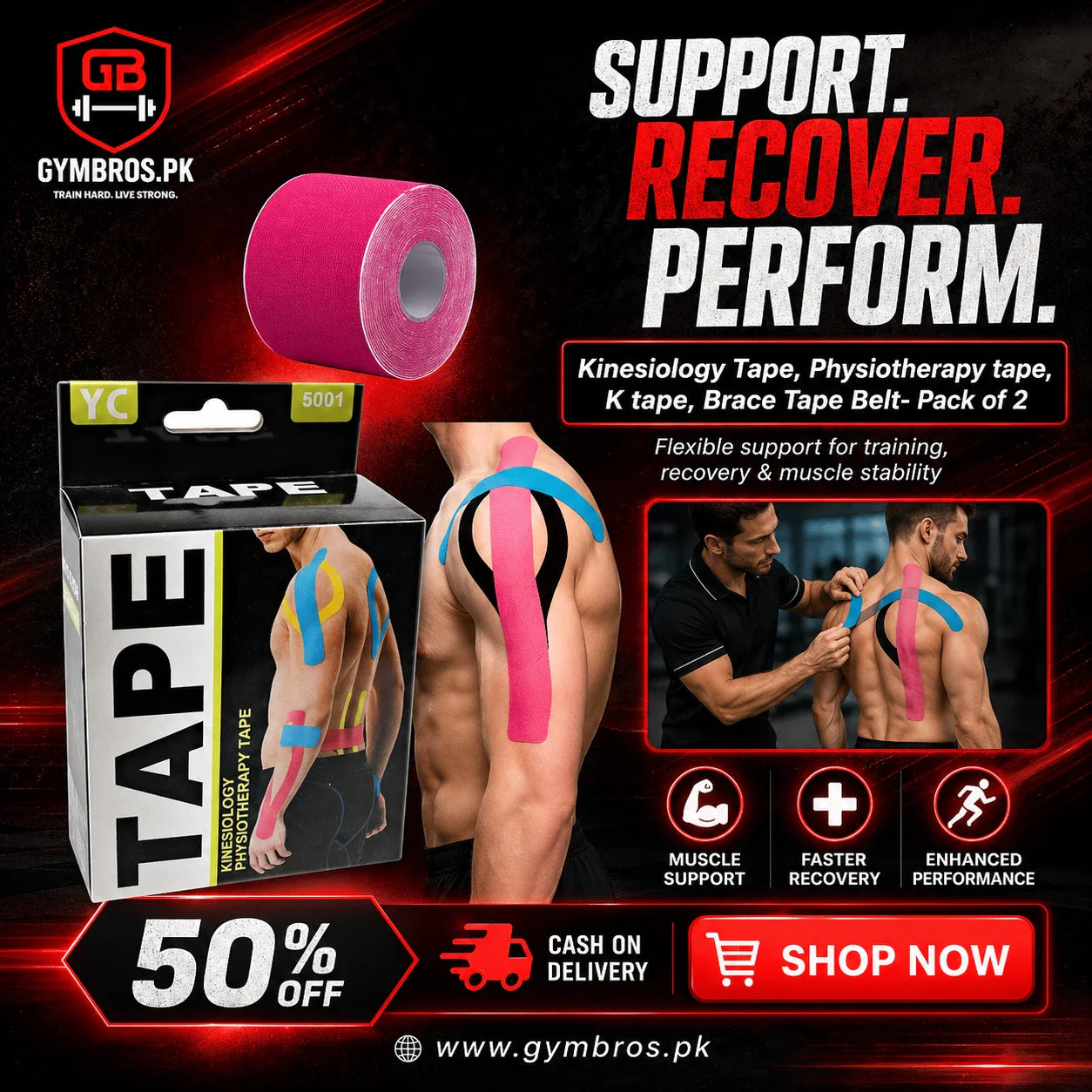 Kinesiology Tape Pack of 2 – Elastic Physiotherapy Sports Tape (5cm x 5m), Breathable, Water-Resistant Muscle & Joint Support for Gym, Running & Recovery