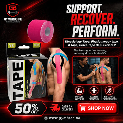 Kinesiology Tape Pack of 2 – Elastic Physiotherapy Sports Tape (5cm x 5m), Breathable, Water-Resistant Muscle & Joint Support for Gym, Running & Recovery