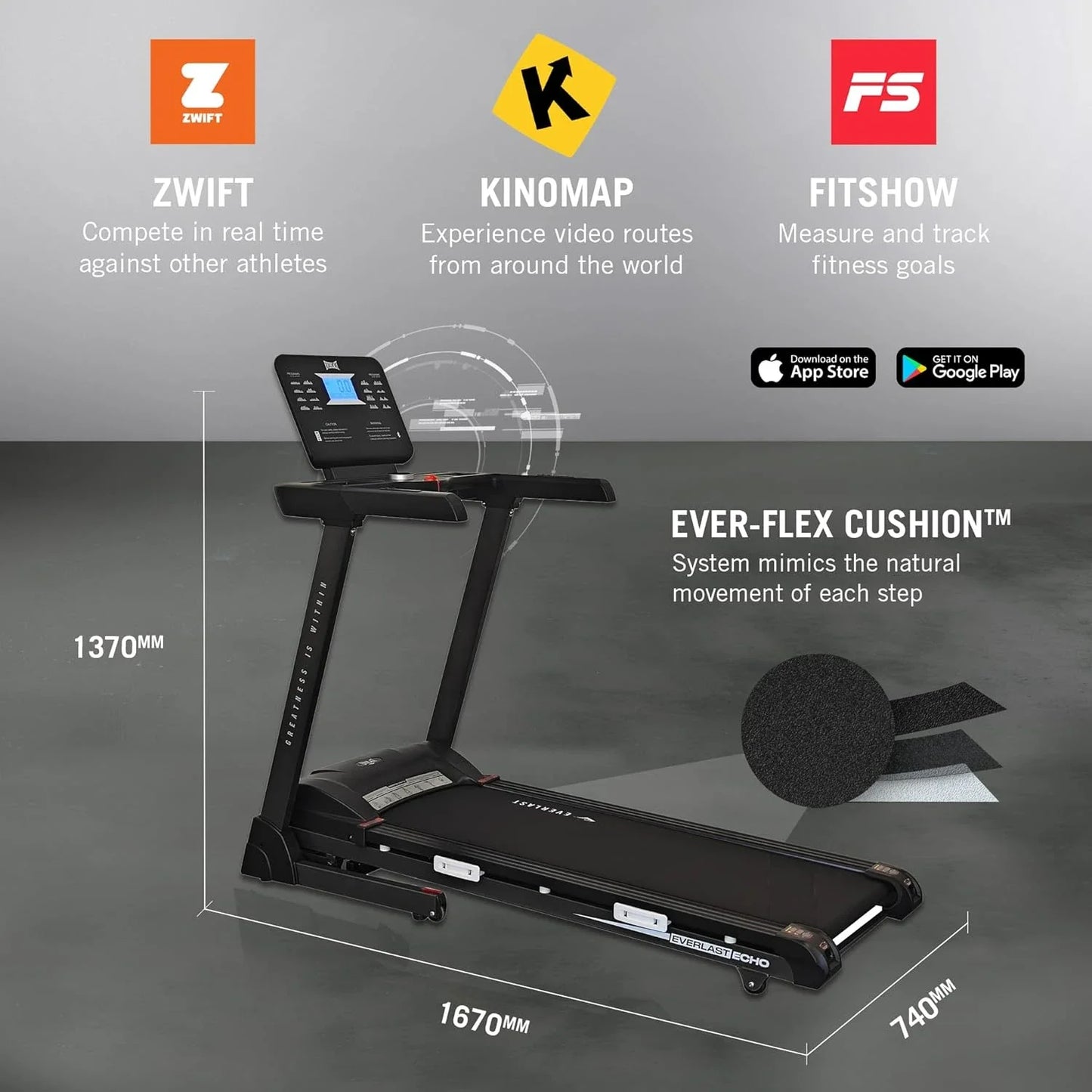 Everlast Echo Treadmill, 2.5 Peak HP Motor, 18KM/H Speed, 15 Auto Incline Levels, Bluetooth Support, 450 × 1300MM Running Deck, Ever-Flex Cushioning, 120KG Capacity, Foldable Home Fitness Treadmill for Walking, Jogging & Running