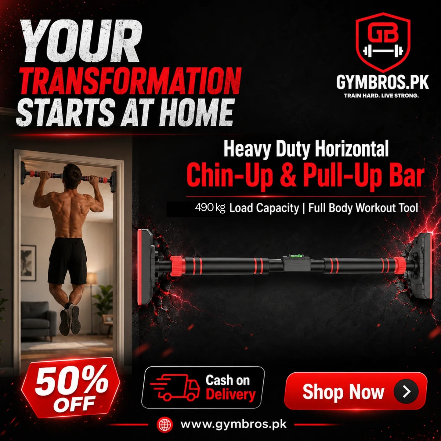 Heavy Duty Horizontal Chin-Up & Pull-Up Bar 94–129cm | 490KG Load Capacity, 3mm Stainless Steel Telescopic Doorway Workout Bar with Non-Slip Foam Grip & No-Drill Installation