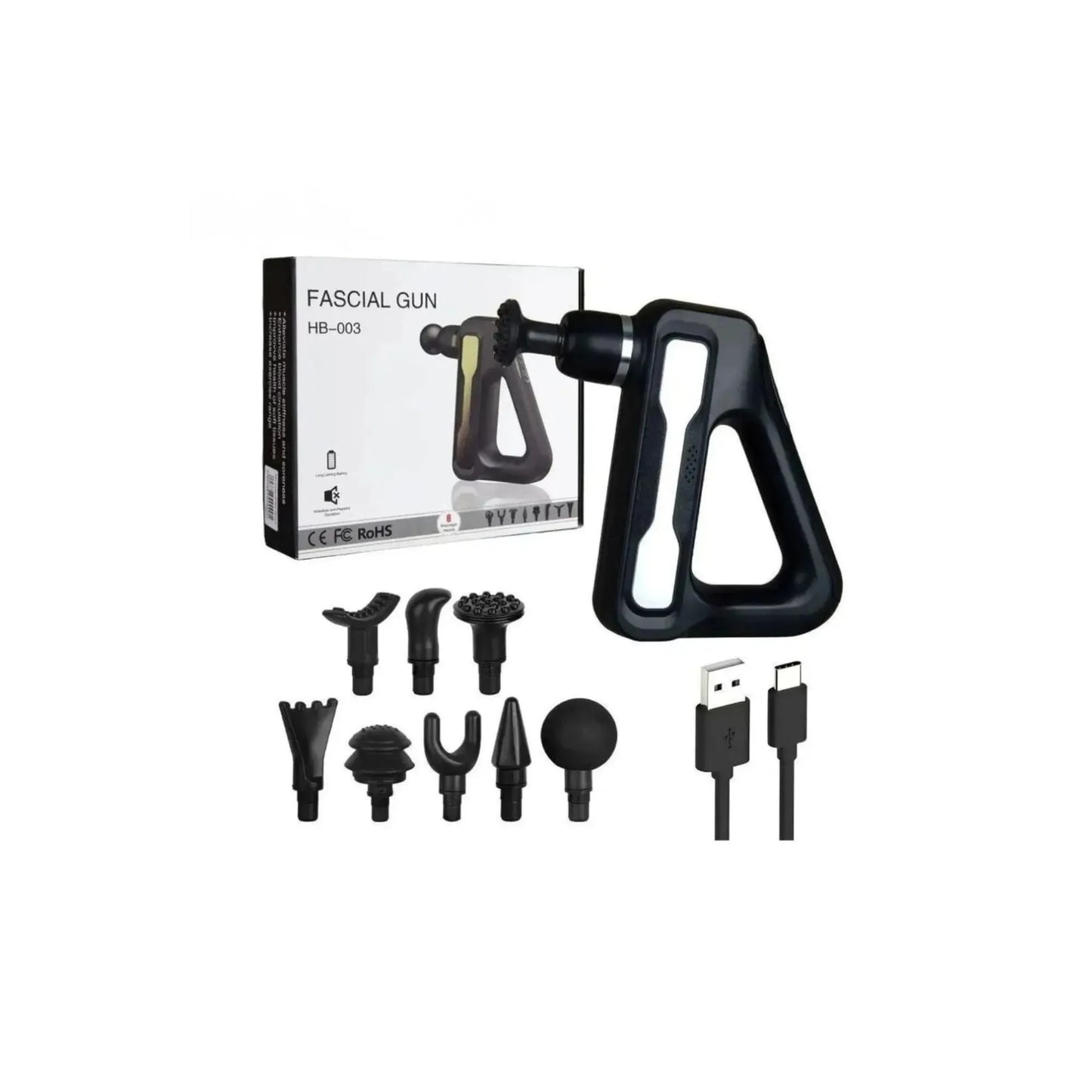 Triangle Fascial Deep Tissue Massage Gun HB-003 | Rechargeable 30W Muscle Massager with 8 Heads, 32-Speed Adjustable Intensity, Type-C Fast Charging for Pain Relief & Recovery