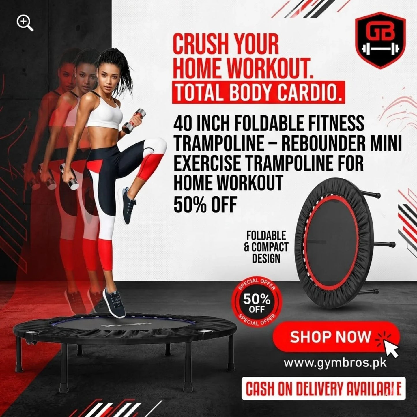 40 Inch Foldable Fitness Trampoline for Home Workout | Mini Rebounder Exercise Trampoline, Heavy Duty 114KG Load Capacity, With or Without Stand,  Waist Drum Spring System & Portable Indoor/Outdoor Use