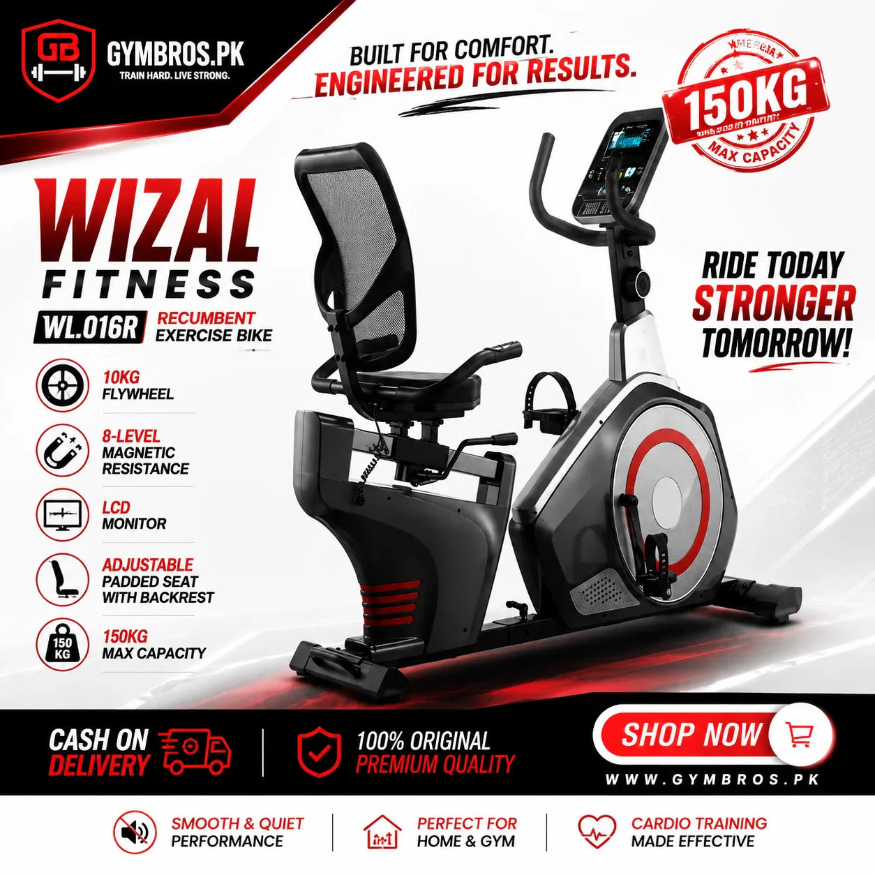 WIZAL Fitness WL.016R Recumbent Exercise Bike, 10KG Flywheel, 8-Level Magnetic Resistance, LCD Monitor, Adjustable Padded Seat with Backrest, 150KG Capacity, Semi Commercial Recumbent Bike for Home Gym & Cardio Training