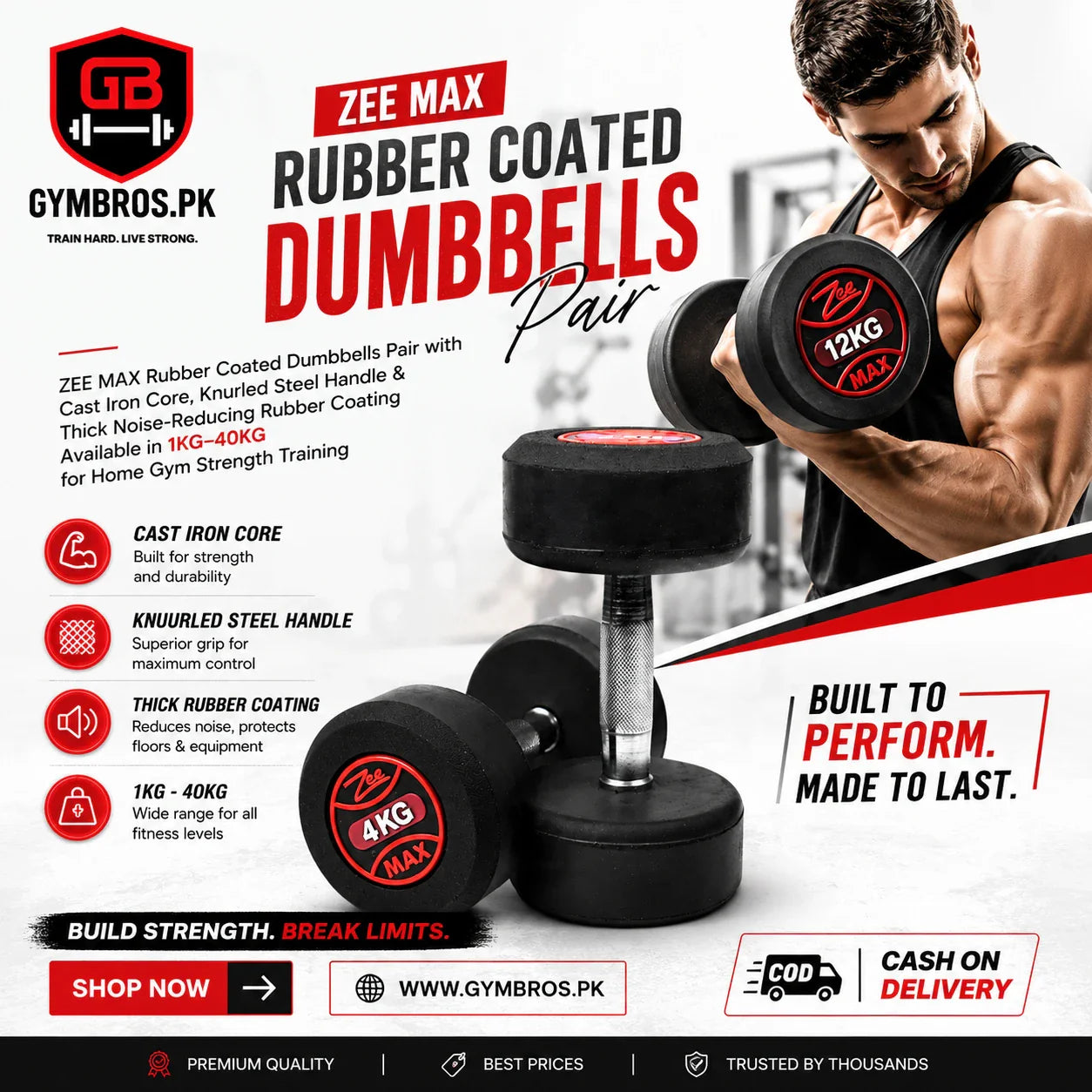 ZEE MAX Rubber Coated Dumbbells Pair with Cast Iron Core, Knurled Steel Handle & Thick Noise-Reducing Rubber Coating Available in 1KG–40KG for Home Gym Strength Training
