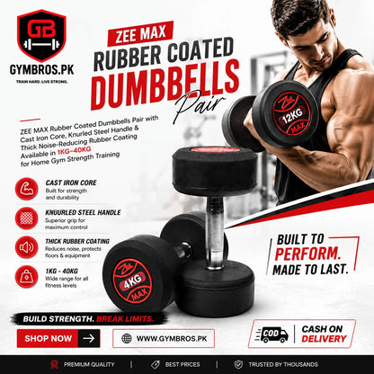 ZEE MAX Rubber Coated Dumbbells Pair with Cast Iron Core, Knurled Steel Handle & Thick Noise-Reducing Rubber Coating Available in 1KG–40KG for Home Gym Strength Training