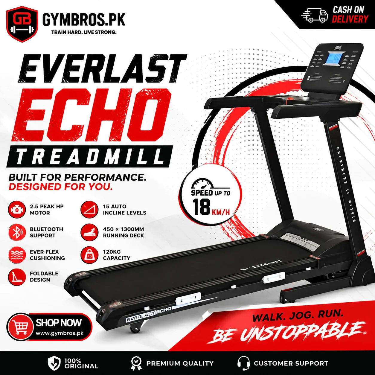 Everlast Echo Treadmill, 2.5 Peak HP Motor, 18KM/H Speed, 15 Auto Incline Levels, Bluetooth Support, 450 × 1300MM Running Deck, Ever-Flex Cushioning, 120KG Capacity, Foldable Home Fitness Treadmill for Walking, Jogging & Running