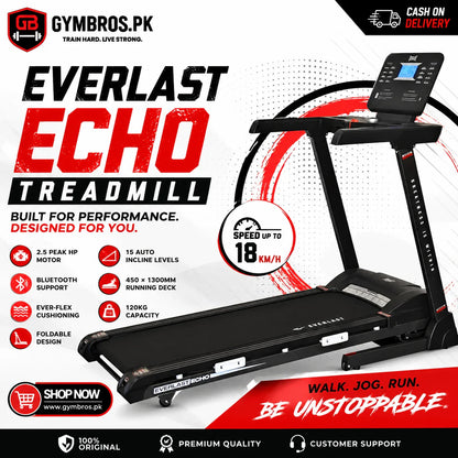 Everlast Echo Treadmill, 2.5 Peak HP Motor, 18KM/H Speed, 15 Auto Incline Levels, Bluetooth Support, 450 × 1300MM Running Deck, Ever-Flex Cushioning, 120KG Capacity, Foldable Home Fitness Treadmill for Walking, Jogging & Running
