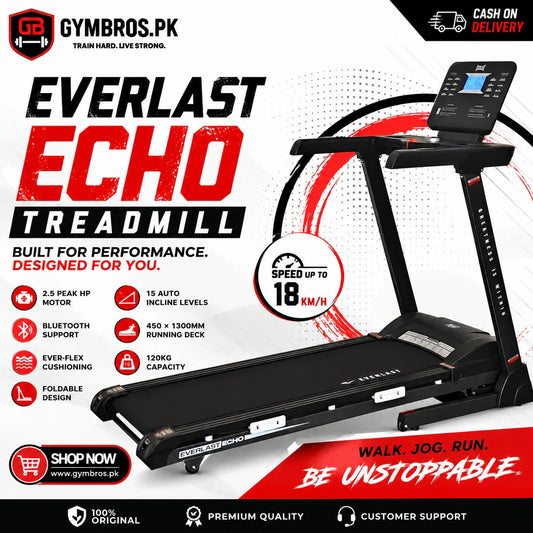Everlast Echo Treadmill, 2.5 Peak HP Motor, 18KM/H Speed, 15 Auto Incline Levels, Bluetooth Support, 450 × 1300MM Running Deck, Ever-Flex Cushioning, 120KG Capacity, Foldable Home Fitness Treadmill for Walking, Jogging & Running