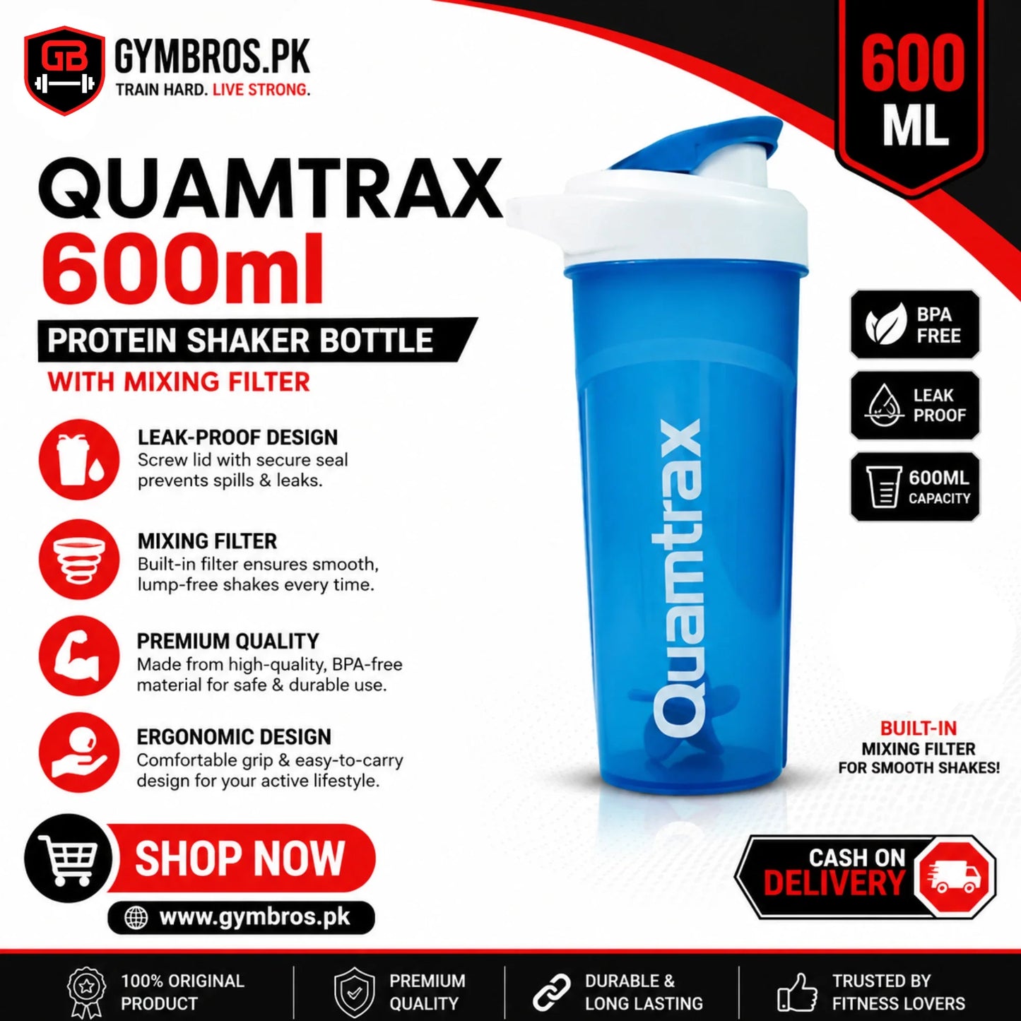 QUAMTRAX 600ml Protein Shaker Bottle with Mixing Filter | Leak-Proof Gym Protein Powder Shaker Cup with Screw Lid & Ergonomic Design for Smooth Protein & Supplement Mixing