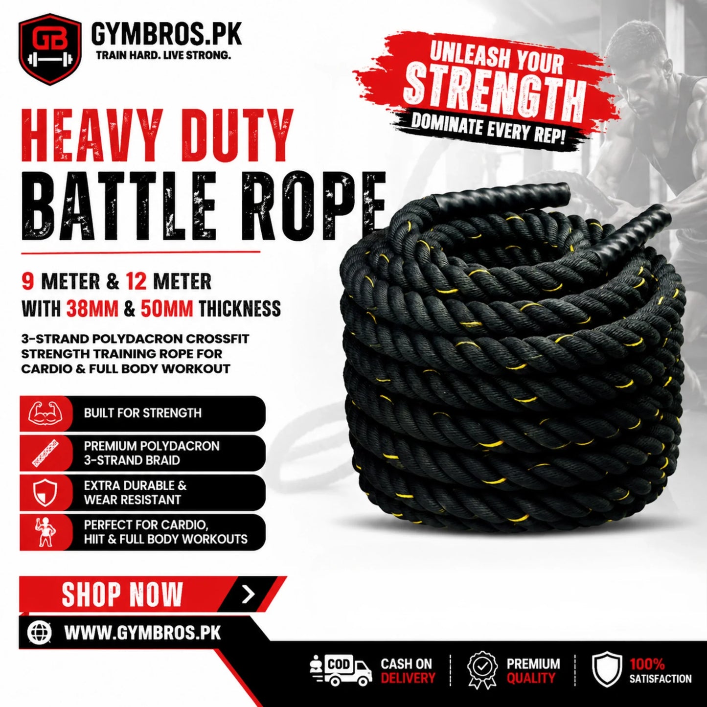 Heavy Duty Battle Rope 9 Meter & 12 Meter with 38MM & 50MM Thickness | 3-Strand PolyDacron CrossFit Strength Training Rope for Cardio & Full Body Workout