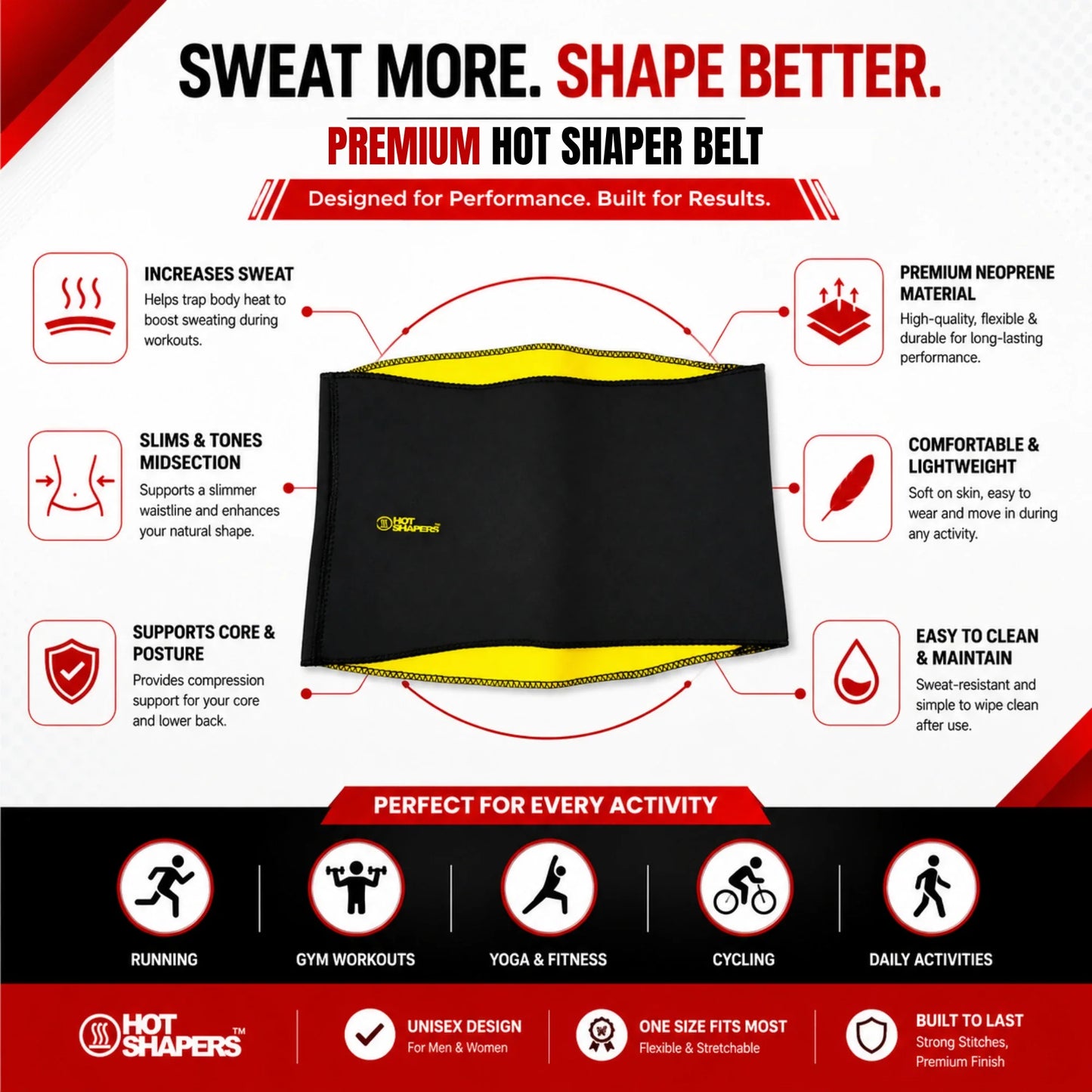 Hot Shaper Neoprene Waist Trimmer Belt for Men & Women (Small, Medium, Large, XL, 2XL, 3XL) – Adjustable Sweat Slimming Tummy Belt with Lower Back Support & Body Shaper Compression Wrap