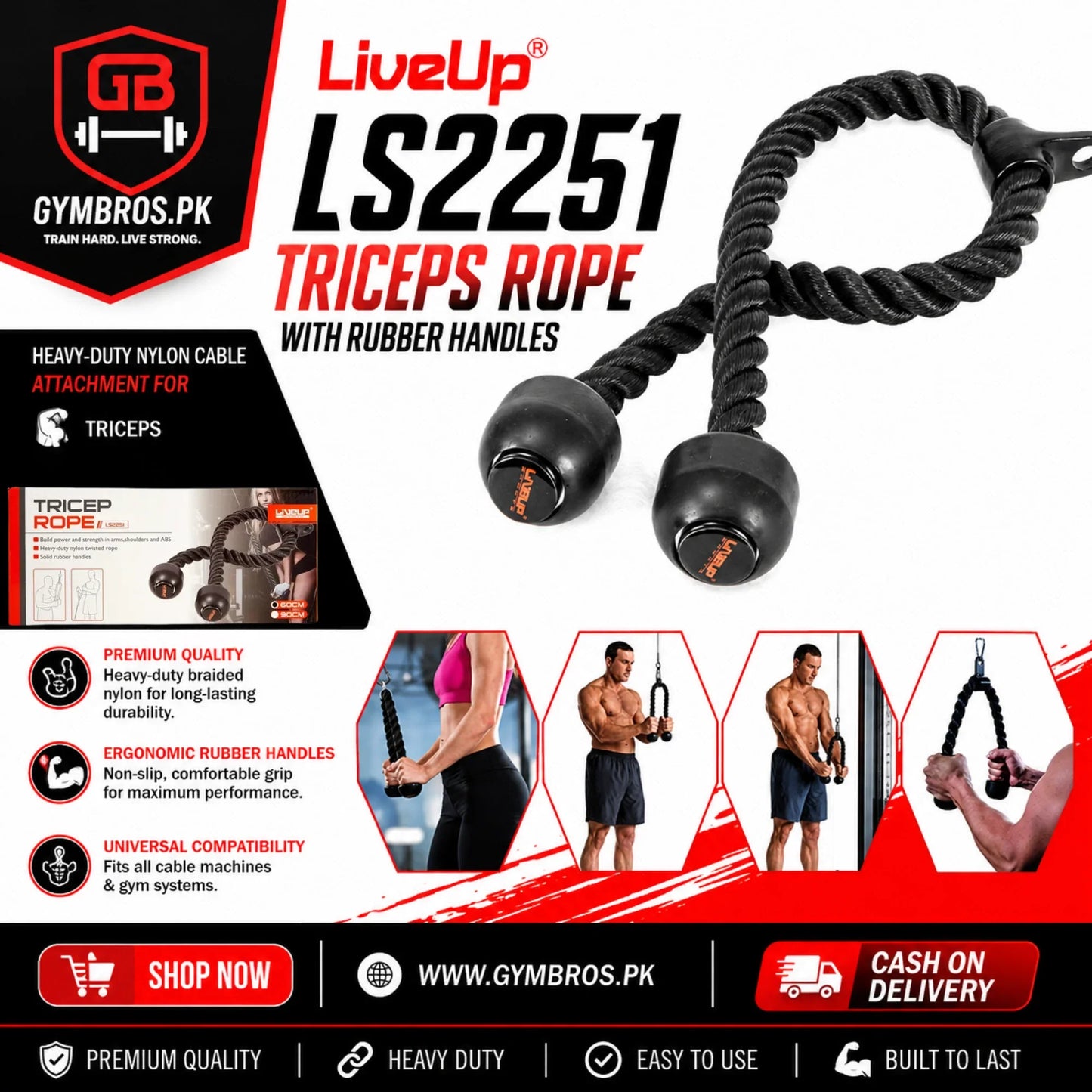 LiveUp LS2251 Triceps Rope with Rubber Handles | Heavy-Duty Nylon Cable Attachment for Triceps, Biceps, Back, Shoulder & Abs Strength Training | Gym Cable Machine Accessory