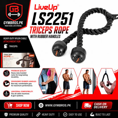 LiveUp LS2251 Triceps Rope with Rubber Handles | Heavy-Duty Nylon Cable Attachment for Triceps, Biceps, Back, Shoulder & Abs Strength Training | Gym Cable Machine Accessory