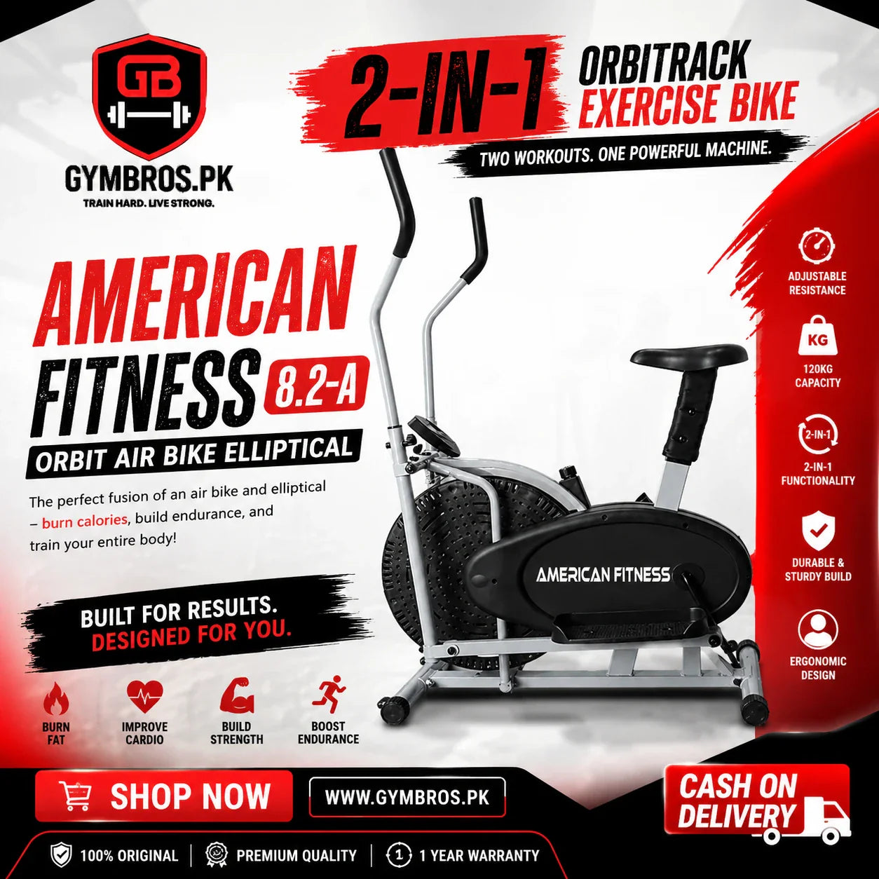 American Fitness 8.2-A Orbit Air Bike Elliptical – 2-in-1 Orbitrack Exercise Bike with Adjustable Resistance & 120KG Capacity