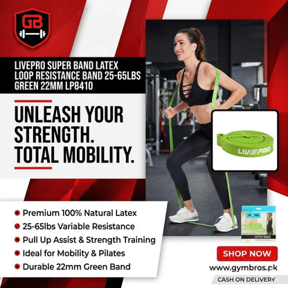 Livepro Super Band Latex Loop Resistance Band 25-65lbs Green 22mm LP8410 | Pull Up Assist, Strength Training & Mobility Band