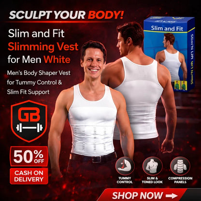 Men Slimming Vest Body Shaper (Black & White) | Slim Fit Compression Shirt for Tummy Control & Fat Burning – Sizes M, L, XL, 2XL
