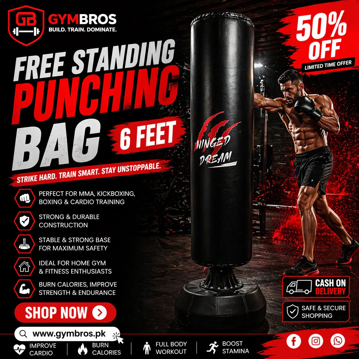 Free Standing Punching Bag 6 Feet | Boxing Bag for MMA, Kickboxing, Cardio & Home Gym Training