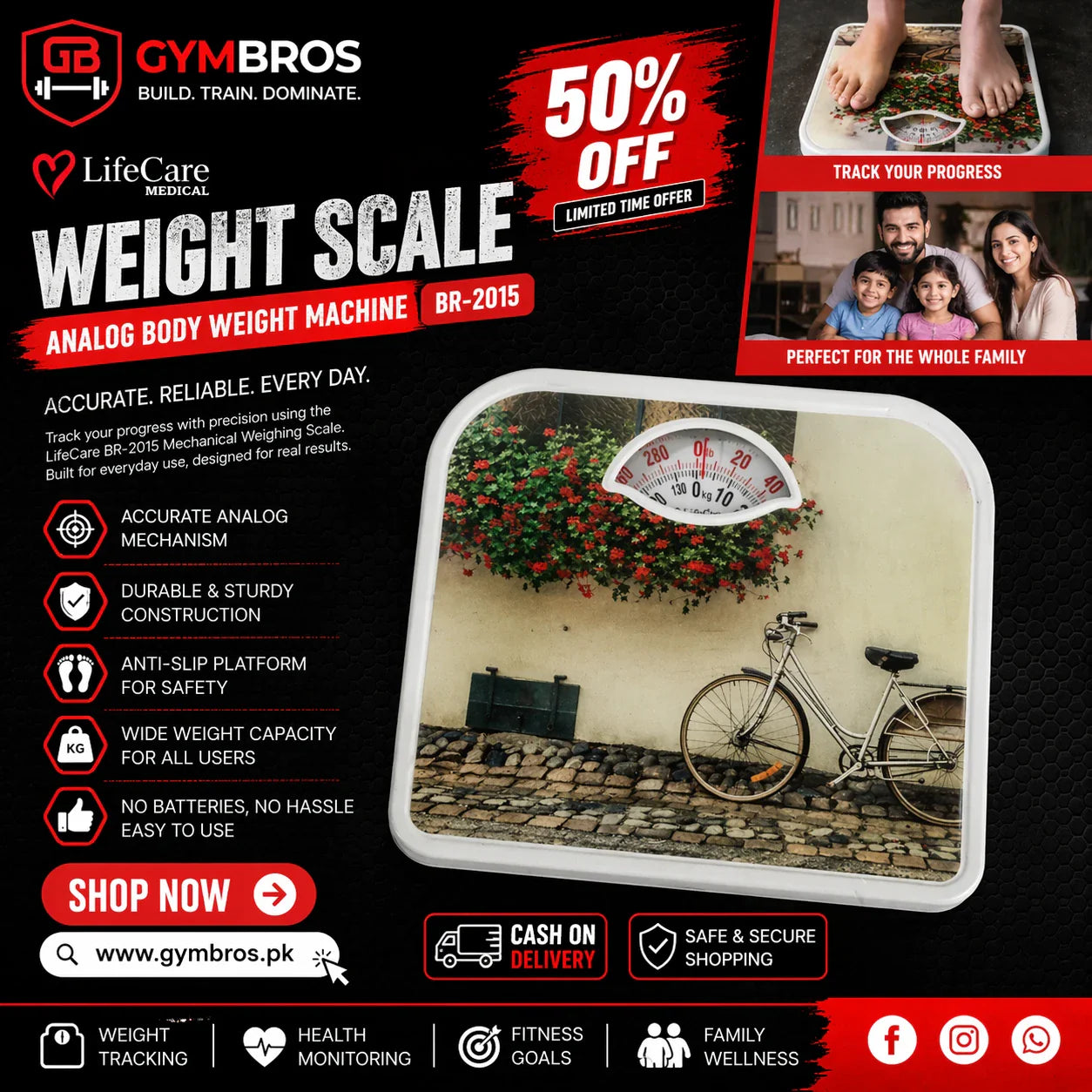 LifeCare Mechanical Weight Scale BR-2015 | Analog Body Weighing Machine 130kg Capacity with PVC Mat Platform & Easy Dial Display for Home & Gym U