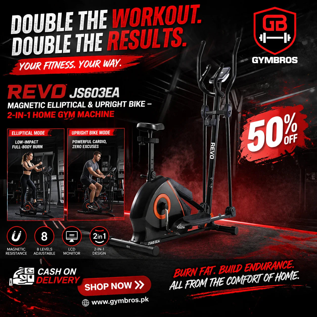 Revo Fitness JS603EA Magnetic Bike Elliptical Trainer | 2-in-1 Magnetic Exercise Bike & Elliptical Trainer with 4.5KG Flywheel, 8 Resistance Levels, LCD Display & 100KG Capacity
