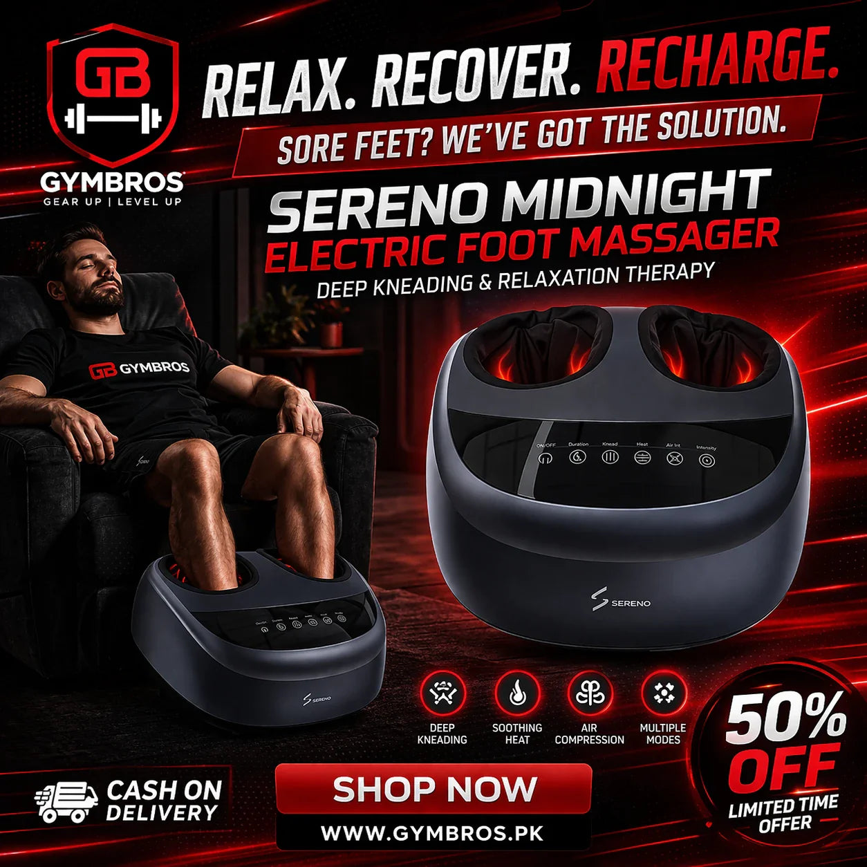 Sereno Midnight Electric Foot Massager | Electric Foot Massager with Deep Kneading, Air Compression, Heat Therapy, 3 Modes, 9 Intensity Levels, 10–30 Min Timer, Voltage Range: 100V – 240V, Frequency: 50Hz / 60Hz