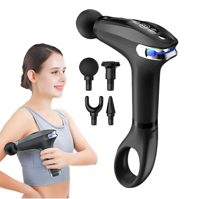 Blueidea BLD-326 Fascial Gun Pro Massager 7.4V 30W LED Display Extended Handle 2 Modes 8-Gear Speed Cordless Deep Tissue Massage Gun with 4 Heads for Muscle Relief & Recovery