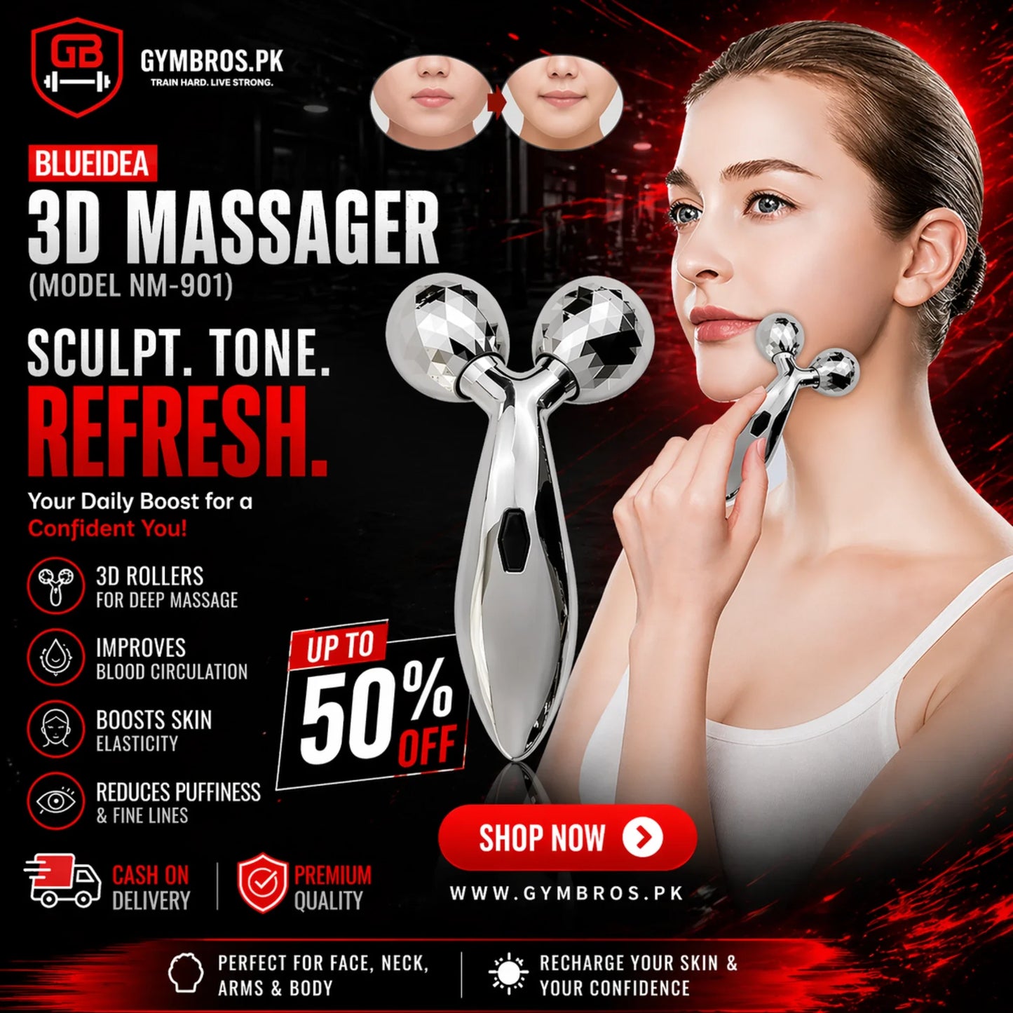Blueidea 3D Massager NM-901 | Manual Handheld Roller for Face Lifting, Body Shaping & Skin Tightening