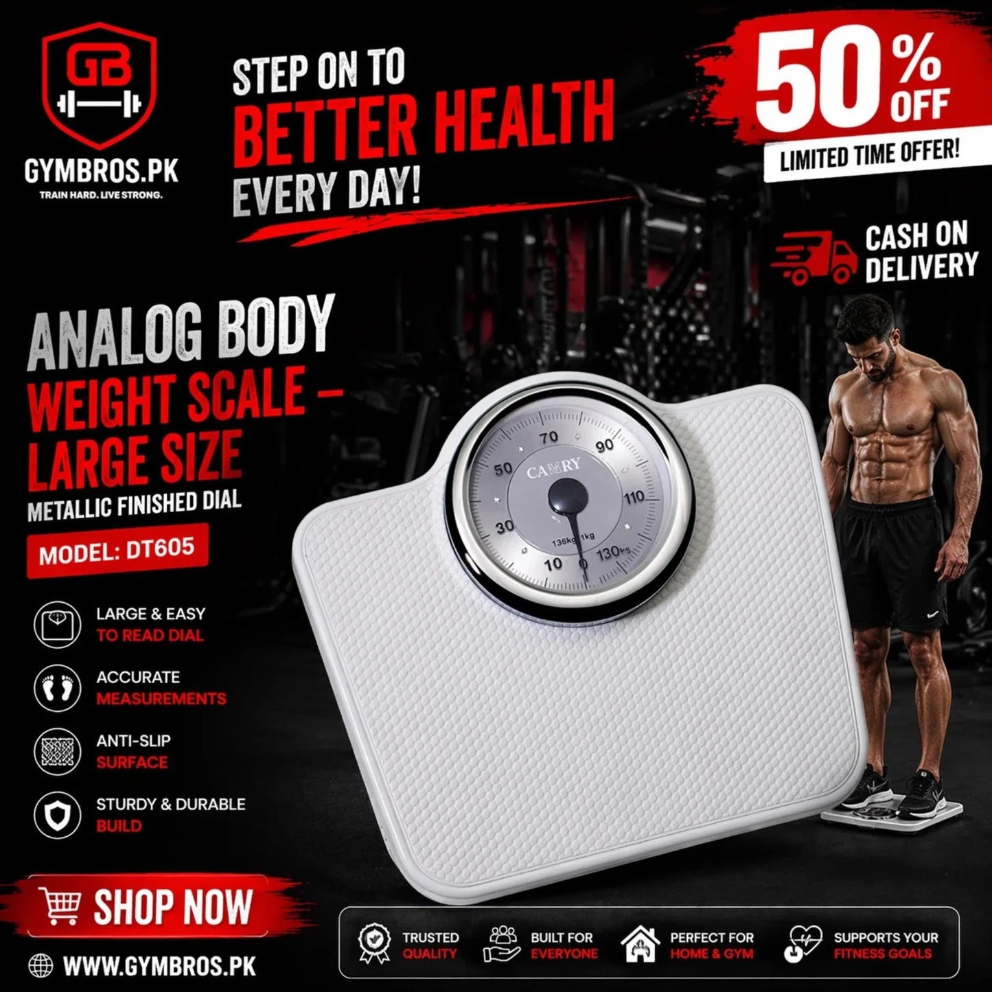 Camry DT605 Mechanical Personal Weight Scale – Heavy Duty Analog Body Weight Machine, Large Metallic Dial, Anti-Slip Surface, 136kg / 300lbs Capacity, No Battery Required Home Fitness Scale