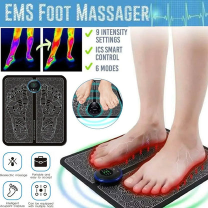 EMS Portable Foot Massager Mat USB Rechargeable with 6 Modes, 9 Intensity Levels, EMS Pulse Therapy, 15-Min Timer & 320×290mm Pad for Foot Pain Relief, Blood Circulation & Muscle Relaxation