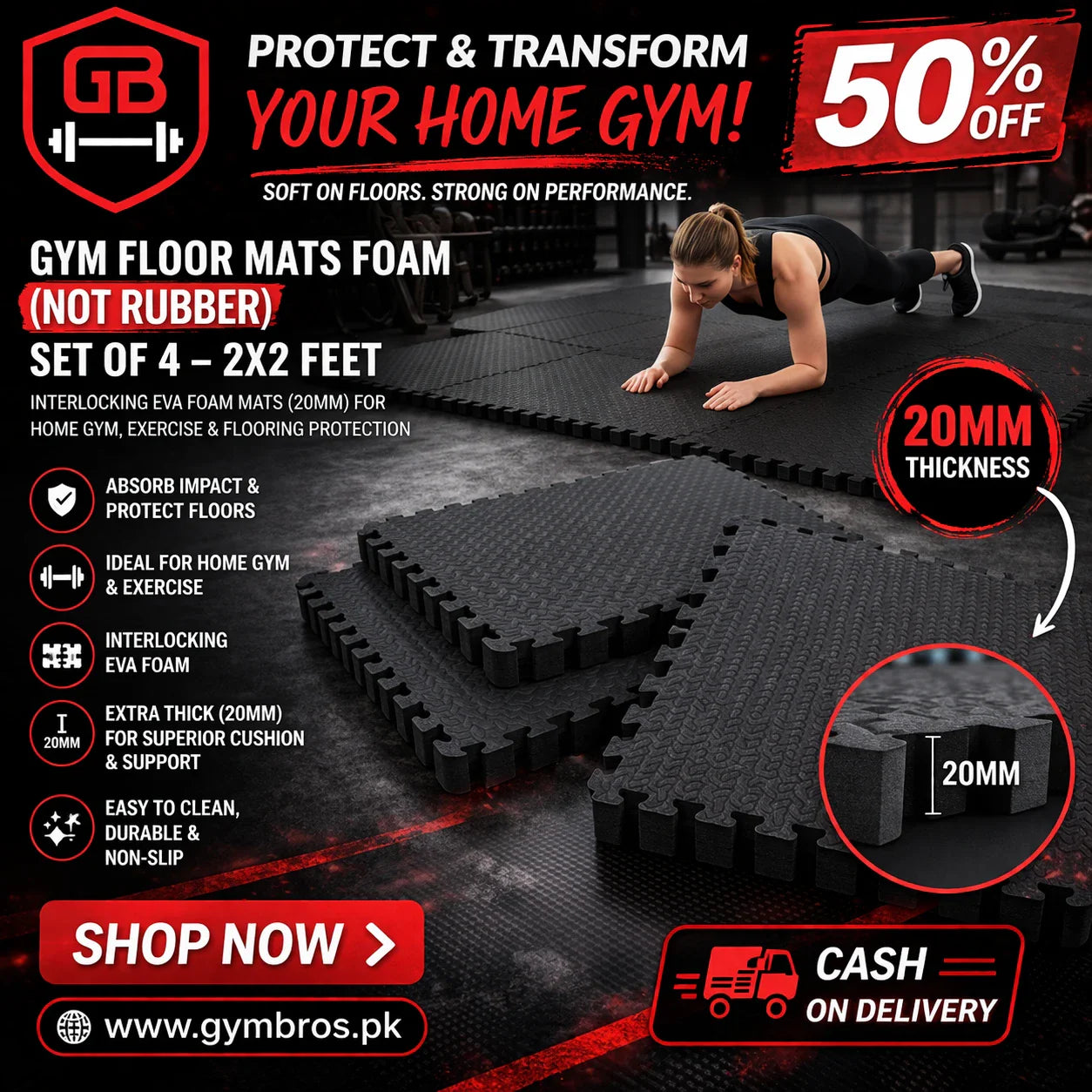 Gym Floor Mats Foam Set of 4 (2x2 Feet) | Interlocking EVA Foam Exercise Mats 12mm–25mm Anti-Slip Protective Flooring for Home Gym & Workout Areas