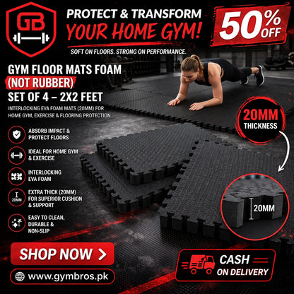 Gym Floor Mats Foam Set of 4 (2x2 Feet) | Interlocking EVA Foam Exercise Mats 12mm–25mm Anti-Slip Protective Flooring for Home Gym & Workout Areas