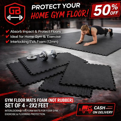 Gym Floor Mats Foam Set of 4 (2x2 Feet) | Interlocking EVA Foam Exercise Mats 12mm–25mm Anti-Slip Protective Flooring for Home Gym & Workout Areas