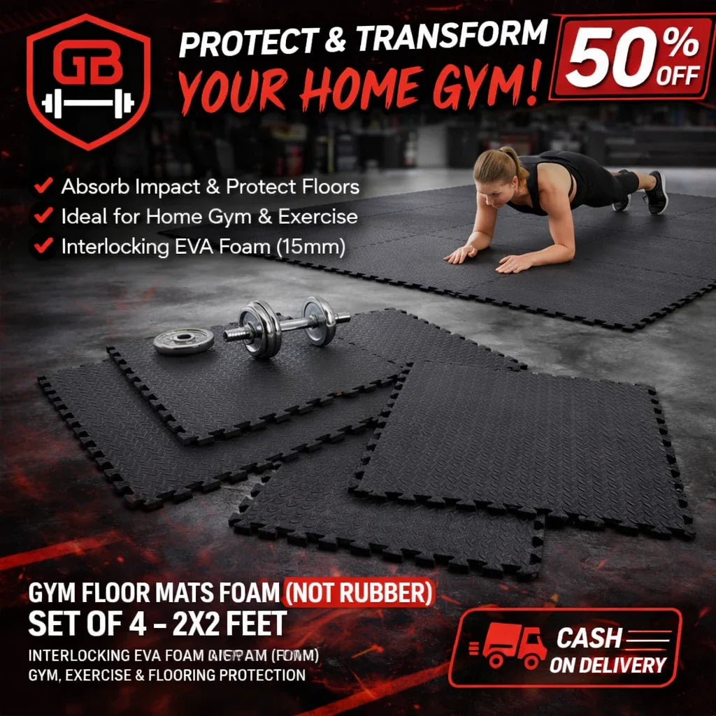 Gym Floor Mats Foam Set of 4 (2x2 Feet) | Interlocking EVA Foam Exercise Mats 12mm–25mm Anti-Slip Protective Flooring for Home Gym & Workout Areas