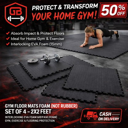 Gym Floor Mats Foam Set of 4 (2x2 Feet) | Interlocking EVA Foam Exercise Mats 12mm–25mm Anti-Slip Protective Flooring for Home Gym & Workout Areas