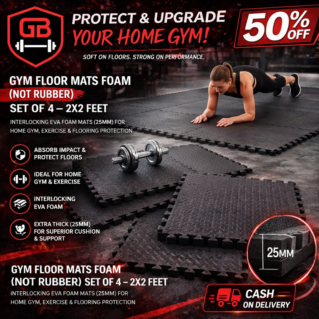 Gym Floor Mats Foam Set of 4 (2x2 Feet) | Interlocking EVA Foam Exercise Mats 12mm–25mm Anti-Slip Protective Flooring for Home Gym & Workout Areas