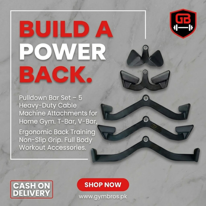 Pulldown Bar Set (5-Piece) – Heavy-Duty Cable Machine Attachments for Home Gym | T-Bar, V-Bar, LAT Pulldown Handles | Non-Slip Grip Strength Training Equipment