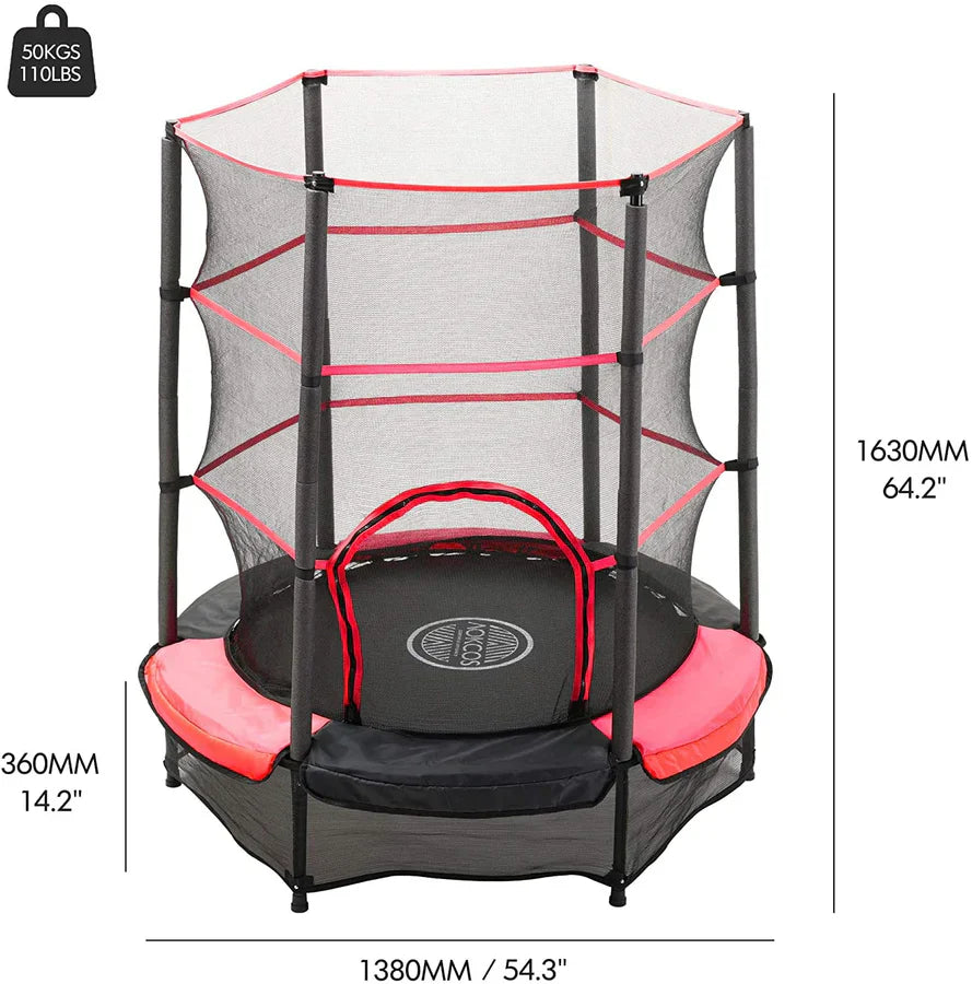 55 Inch Kids Trampoline with Safety Net Enclosure | 4.5ft Mini Indoor & Outdoor Trampoline for Children (Age 2–6), Weight Capacity: Up to 45–50 kg (100–110 lbs), Galvanized Steel Frame, Foam Padding & Zipper Door Safety Jumping Bed